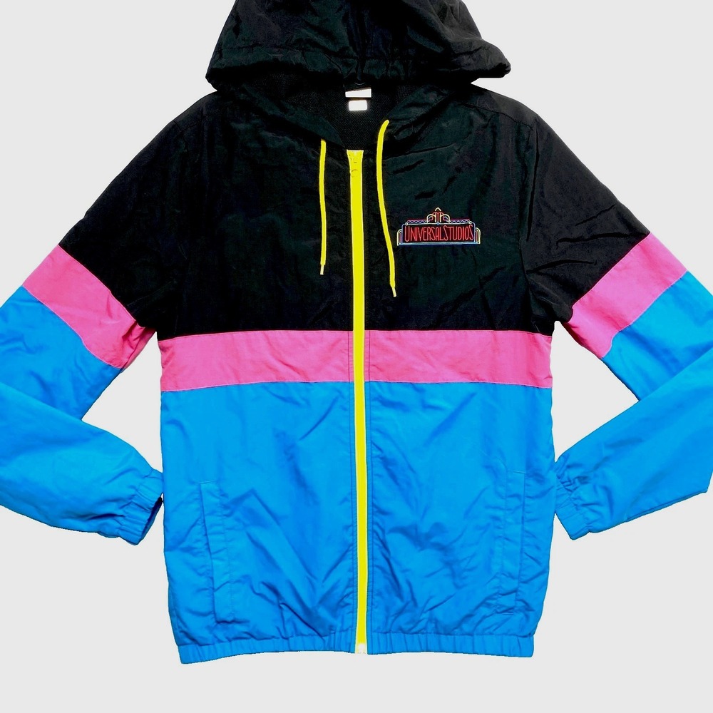 Universal Studios Rain Jacket Mens Small Blue Black Pink Colorblock Hooded